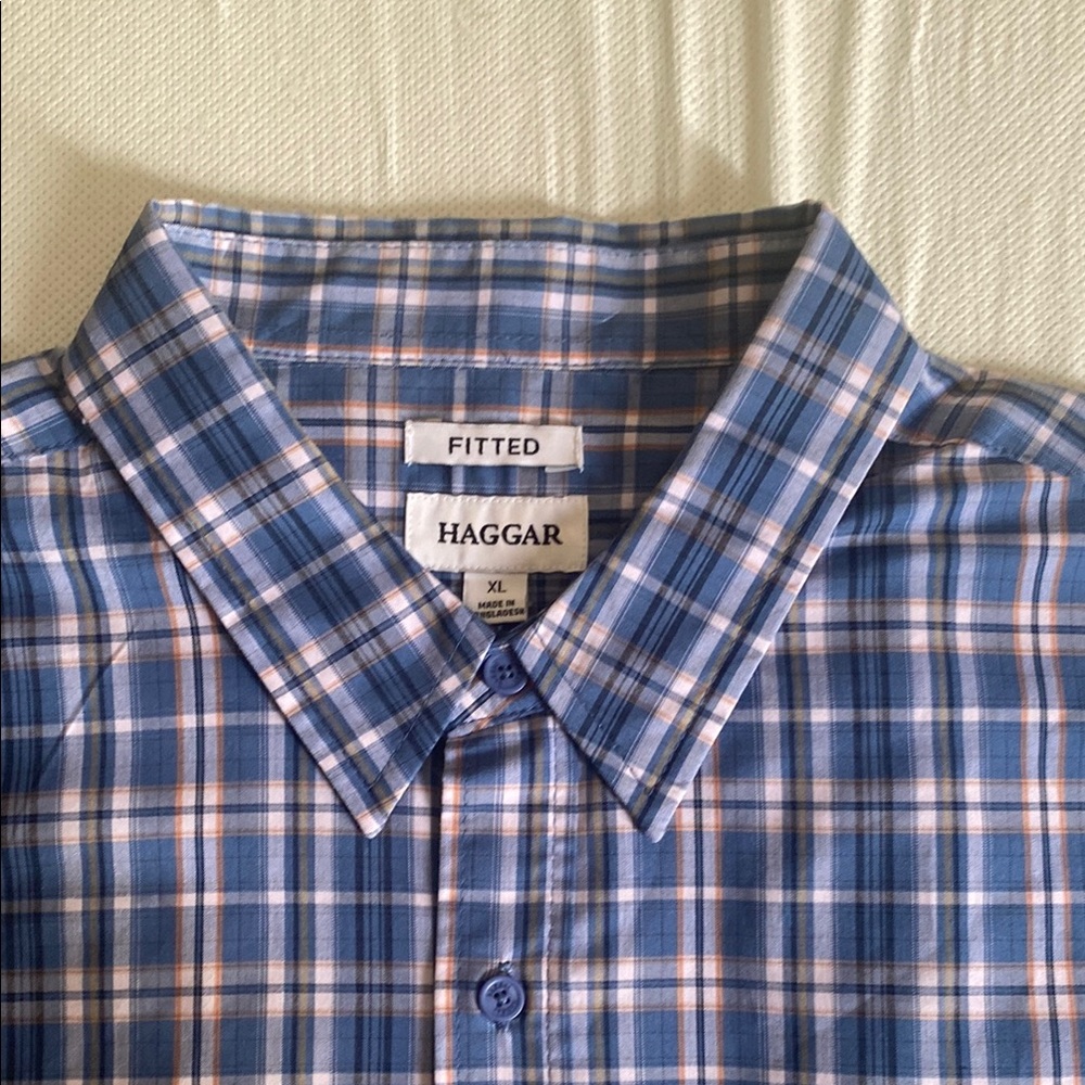 Haggar Men's Blue Plaid Fitted Long Sleeve Dress Shirt Size XL